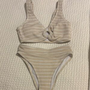 Beige/White Ribbed High Waisted Bikini